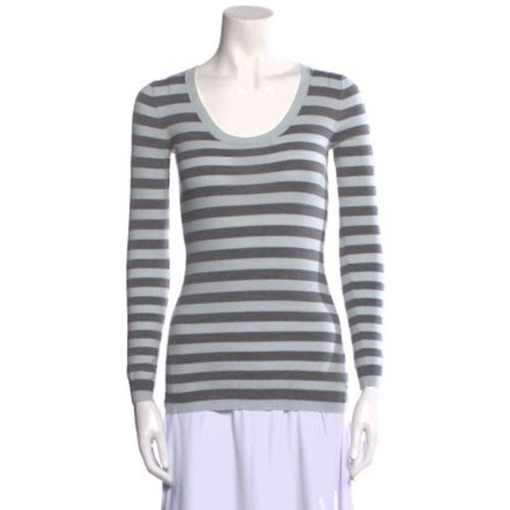 Theory Authentic Light Blue Gray Striped Long Sleeve Wool Top Sweater Small